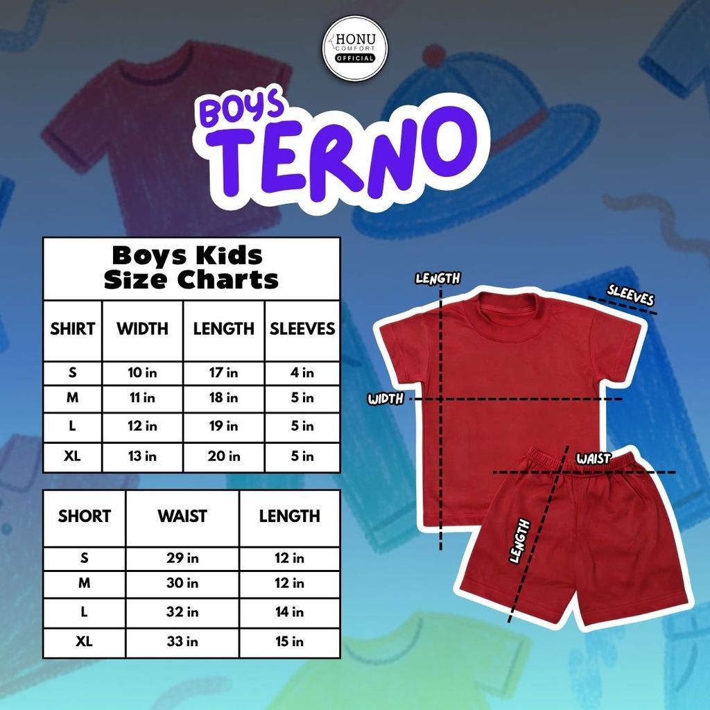 Honu Comfort Terno Unisex Kids Tshirt and Shorts Terno for Kid Boy Kids Terno for Boys 100% Cotton