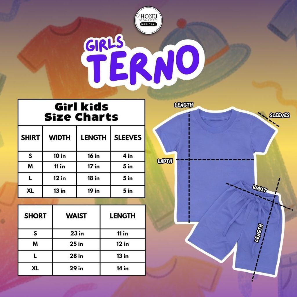 Honu Comfort Terno Bundle for Kids Girl 3pcs Plain Tshirt Shorts Set 100% Cotton Pambata